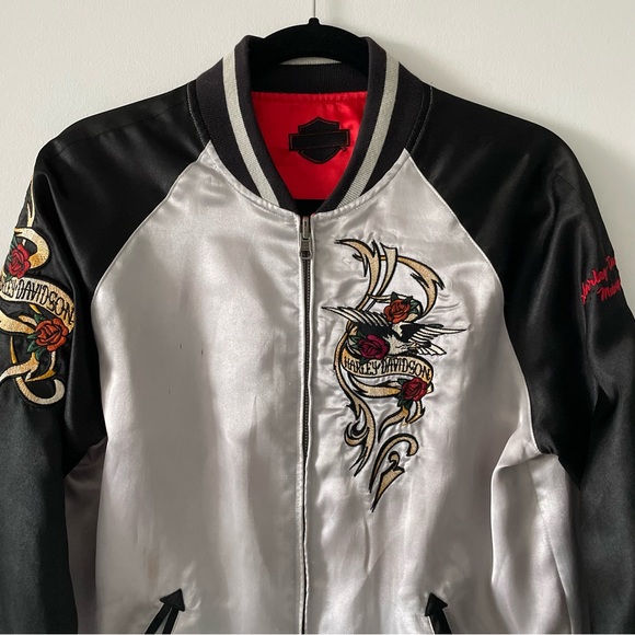 1 of 1 reworked reversible silk custom motorcycle bomber varsity jacket size s/m - Picture 2 of 10